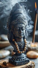 Intricate statue of a deity with beads and incense smoke, capturing serenity and spirituality in a beautiful, detailed sculpture.