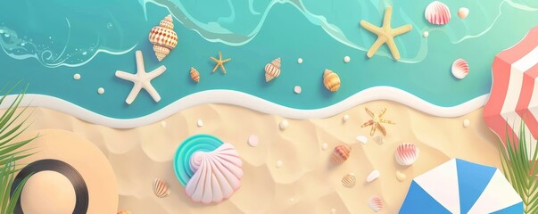 Summer beach activities in a top view flat design animation, focusing on the discovery of shells and seaside treasures