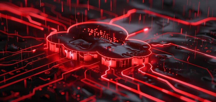 System problems highlighted in a red cloud computing network, with warning signs indicating potential failures