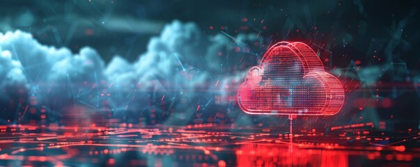 Warning signs in a red cloud computing network, indicating system problems and data issues