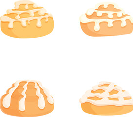 Set of four deliciously illustrated iced cinnamon rolls on a white background