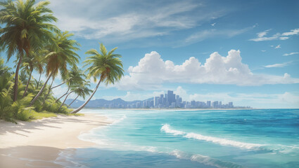 beach with palm trees and blue sky