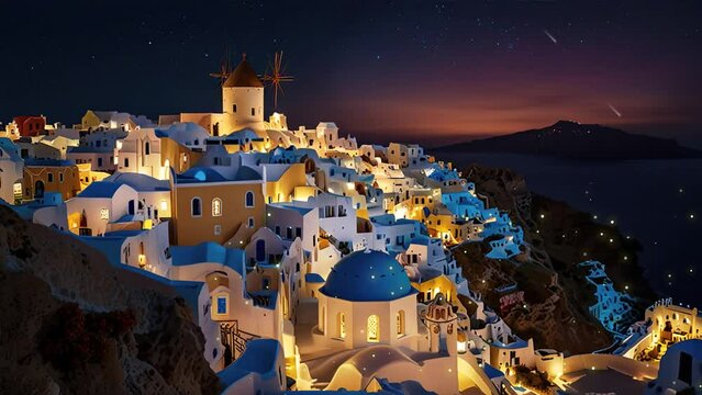 A night view of Santorini, Greece, with whitewashed buildings, blue domes, and a windmill.