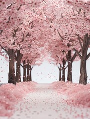 A row of cherry blossom trees in full bloom with tree, winter, snow, nature, sky, landscape, spring, cold, trees, frost, forest, park, season, blue, ice, flower, blossom, pink, white, cherry, flowers,