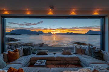 Luxurious living room with panoramic ocean view, plush sofas, and contemporary decor, creating an elegant and serene coastal retreat