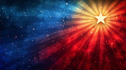 Naklejka premium Vibrant background with a golden star at the center, surrounded by red and blue rays and sparkling light effects.