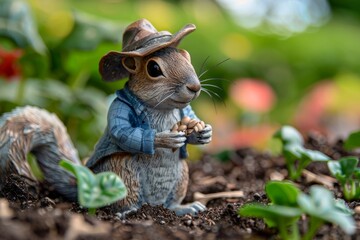 Obraz premium A squirrel is standing in a garden with a hat on and holding a nut