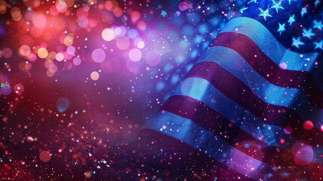 Vibrant American flag with colorful bokeh lights background, symbolizing patriotism, celebration, and unity.