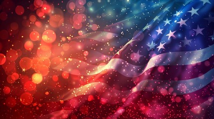 Vibrant American flag with abstract bokeh lights and colorful festive background for patriotic themes and celebrations.
