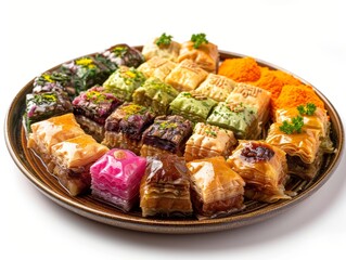 A platter showcasing assorted colorful baklava pieces, offering a variety of flavors and textures, perfect for dessert or a sweet snack.