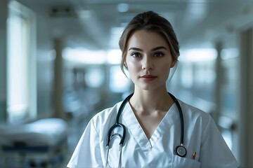 Portrait of a Young Woman Nurse in a Hospital Corridor. Professional Healthcare Worker, Medical Uniform, Clinical Setting. Caring and Dedicated Nurse. 3D Render.