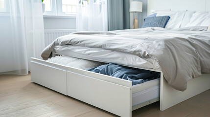 Storage drawer for bedding under modern bed in room 