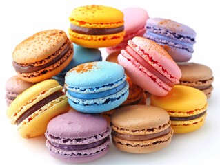 A colorful assortment of French macarons in various flavors stacked together on a white background. Perfect for dessert-themed designs and food enthusiasts.