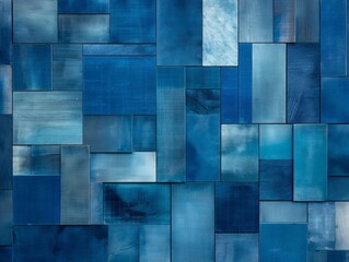A detailed abstract pattern composed of various blue rectangular and square shapes, creating a mosaic effect.