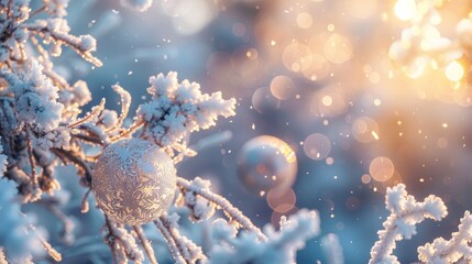 A dreamy scene with softly falling snowflakes and sparkling balls