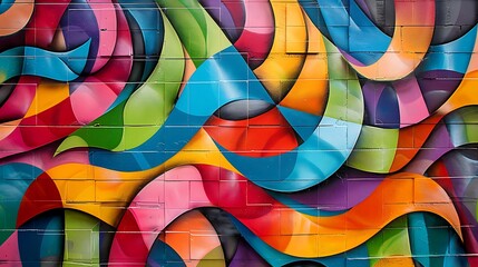 A graffiti wall with an abstract pattern of vibrant, flowing ribbons