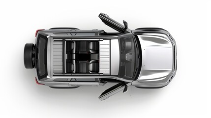 isolated simple and metallic suv car with open doors from top view on white background that easily removable