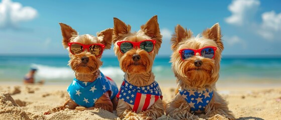 Three adorable dogs in patriotic outfits and sunglasses enjoy a sunny day at the beach, embodying summer fun and American spirit.