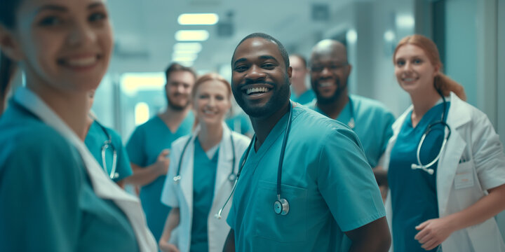 A diverse group of medical staff wearing scrubs and lab coats walking in a hospital corridor, symbolizing teamwork and healthcare