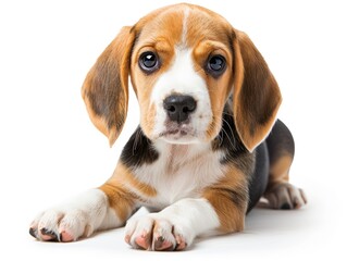 Adorable beagle puppy lying down on a white background, displaying its cute and curious expression. Perfect for pet-themed projects.