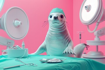 A seal is sitting on a table in a hospital room with a doctor and a nurse