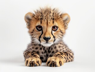 Adorable cheetah cub lying down on a white background. Close-up of the young cheetah's face with a cute expression.