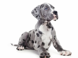 Adorable Great Dane puppy with spotted gray fur lying down on a white background. Perfect for pet or animal-themed stock photography.