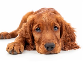 Adorable red setter puppy lying down on a white background, looking cute and relaxed with its floppy ears and soulful eyes.