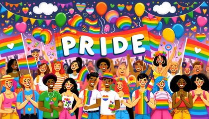 Lively illustration of a diverse crowd celebrating a pride parade with colorful rainbow flags, balloons, and smiling faces under a vibrant sky.