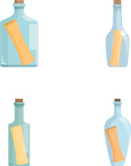 Set of four flat vector glass bottles with blank labels on a white background, suitable for design mockups