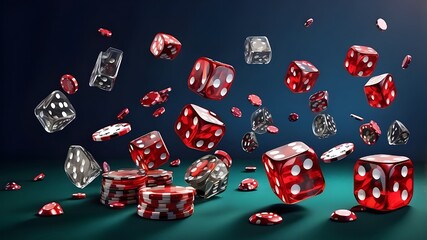 Dice casino chips flying realistic tokens for gambling, roulette or poker,