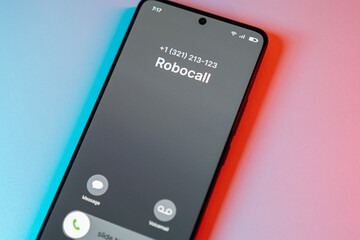 Robocall on phone. Spam incoming call on cell phone. Telemarketing robot call
