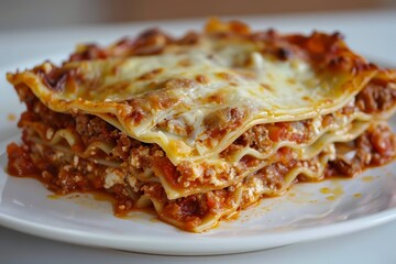 A plate of homemade lasagna with layers of pasta c 158 food, cheese, meal, plate, pizza, dish, dinner, tomato, meat, baked, egg, pasta, italian, cuisine, lasagna, snack, lunch, pie, vegetable, white, 