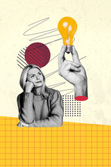 Vertical photo collage of old puzzled woman sit think idea hand hold light bulb diode make decision...