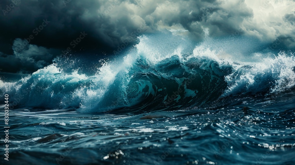Poster a wave accompanied by dark clouds representing the looming risks and challenges in crypto arbitrage.