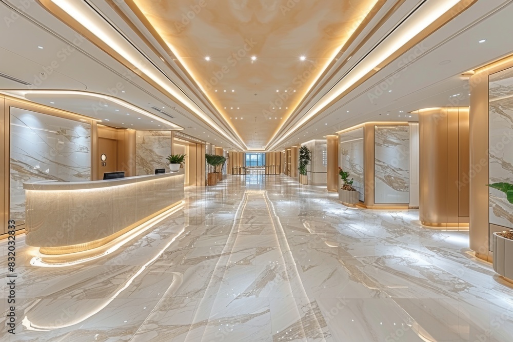 Poster modern corridor with wave patterned ceiling and soft lighting, creating a chic and futuristic space 