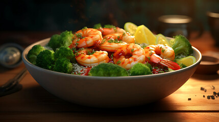 Shrimp and Broccoli Bowl recipe. Generative AI