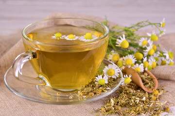 Dried chamomile for medicinal tea, homeopathic remedy.
