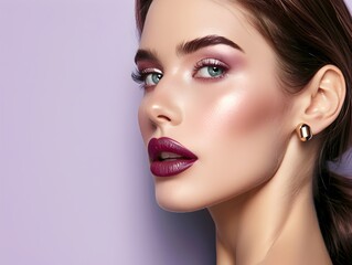 Fototapeta premium Professional Makeup Radiant Woman Showcasing Decorative Cosmetics on Lavender Backdrop