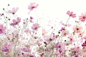 A field of delicate cosmos flowers in shades of 