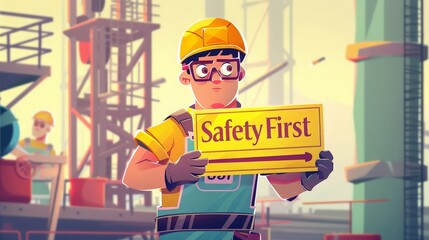 Fototapeta premium Illustration of a construction worker in protective gear holding a 