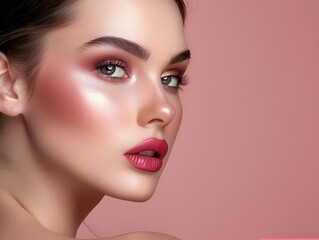 Fototapeta premium Professional Makeup Look Model Showcases Decorative Cosmetics on Dusty Rose Backdrop