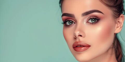 Fototapeta premium Elegant Model Showcases Stunning Professional Makeup for Decorative Cosmetics on a Pure Seafoam