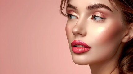 Professional Makeup Showcase Model Advertises Decorative Cosmetics on Dusty Rose Backdrop