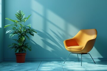 Stylish room with a turquoise wall, yellow armchair, and natural light, creating a bright and...