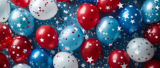 Festive celebration with red, blue, and white balloons and star confetti on a blue background, perfect for patriotic events and festive occasions.