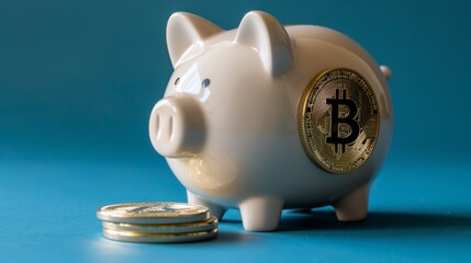 Modern Financial Concept: A white piggy bank and a Bitcoin coin.  integration of traditional saving methods with modern digital currency, financial innovation and security