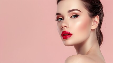 Professional Makeup Mastery Captivating Model Showcases Decorative Cosmetics on Soft Pink Backdrop