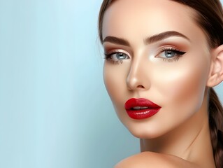 Professional Makeup Advertising Model Showcasing Decorative Cosmetics on Blue Background
