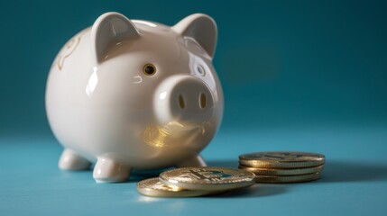 Modern Financial Concept: A white piggy bank and a Bitcoin coin.  integration of traditional saving methods with modern digital currency, financial innovation and security